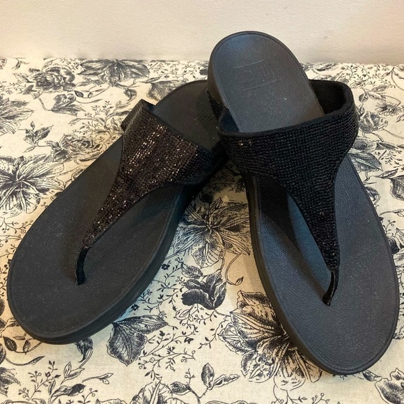 FITFLOP Sz 11 Lottie Thong Slip On Shimmery Crystal Encrusted Slip On Sandals - Picture 1 of 14